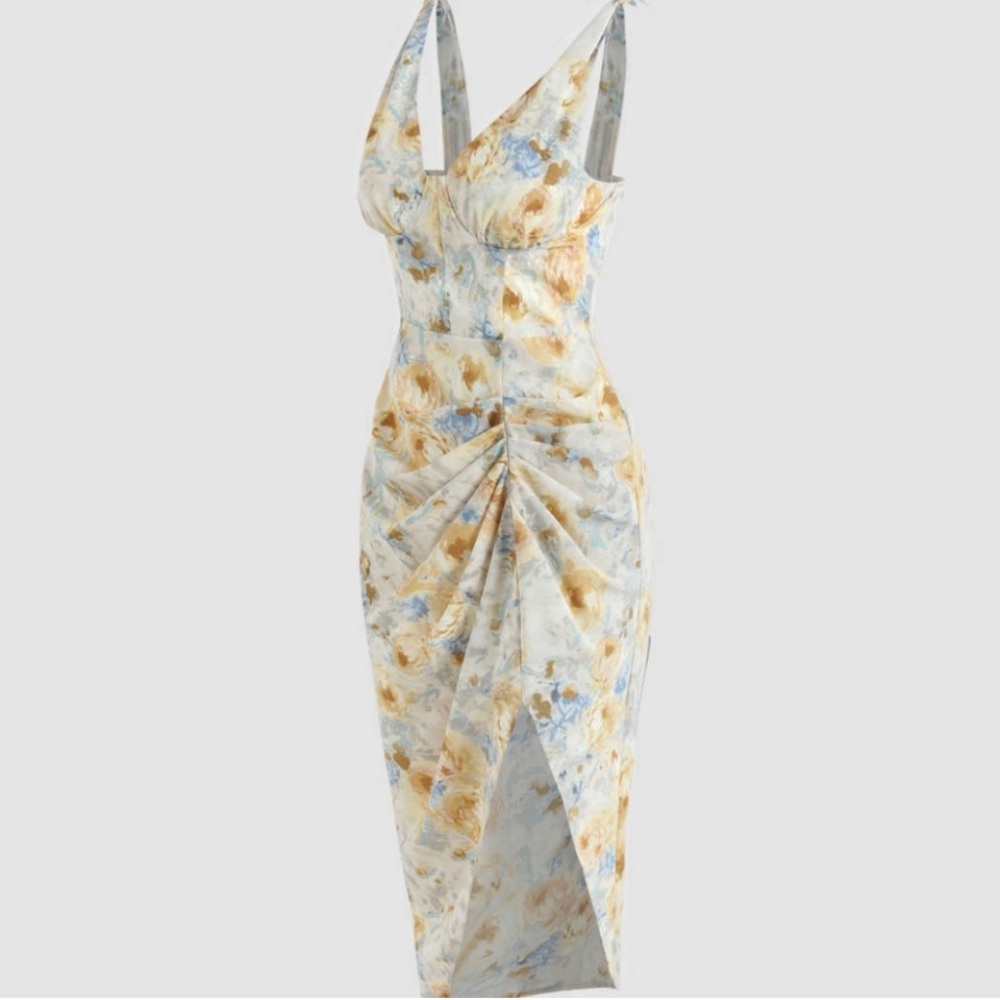 Cider Multicolor Patterned Dress ILLUSION FLORAL RUCHED MIDI DRESS